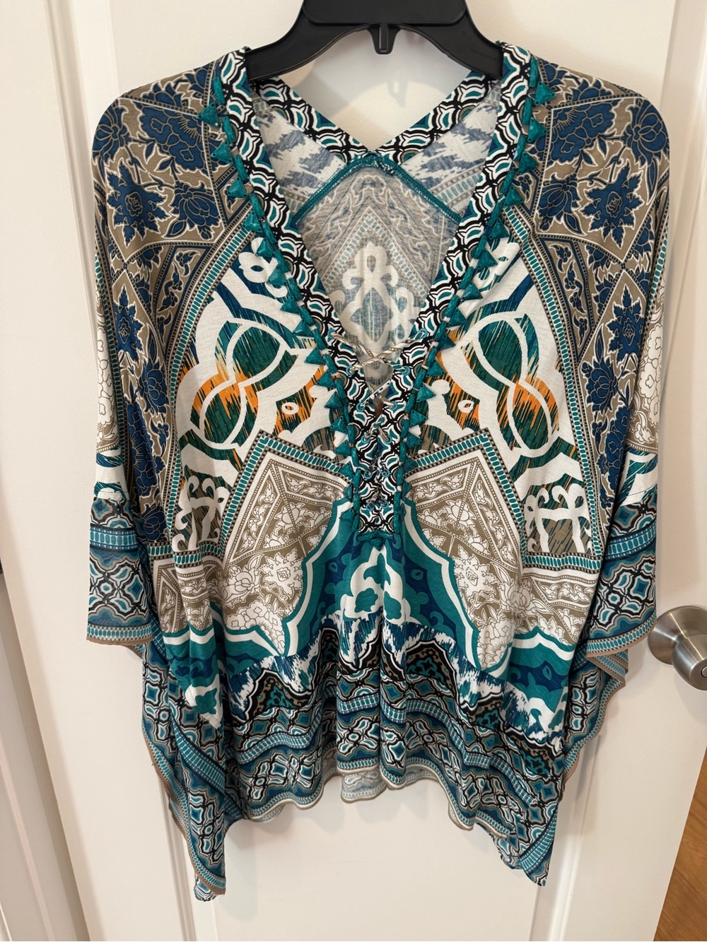 Boho Printed Teal V-Neck Women's Top